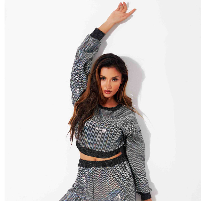 High Waist Crop Top Short Top Crew Neck Pullover Sweatshirt Stage Costume