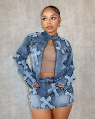 Spring Denim Skirt Set: Embroidered Short Skirt & Jacket Suit