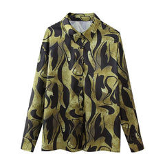 Women’s Silk Satin Texture Printed Long Sleeve Shirt – Elegant Floral Blouse