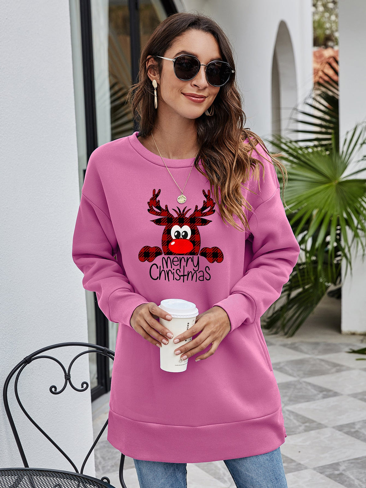 Christmas Round Neck Pocket Long Sleeve Loose Christmas Women Sweater Printed Top