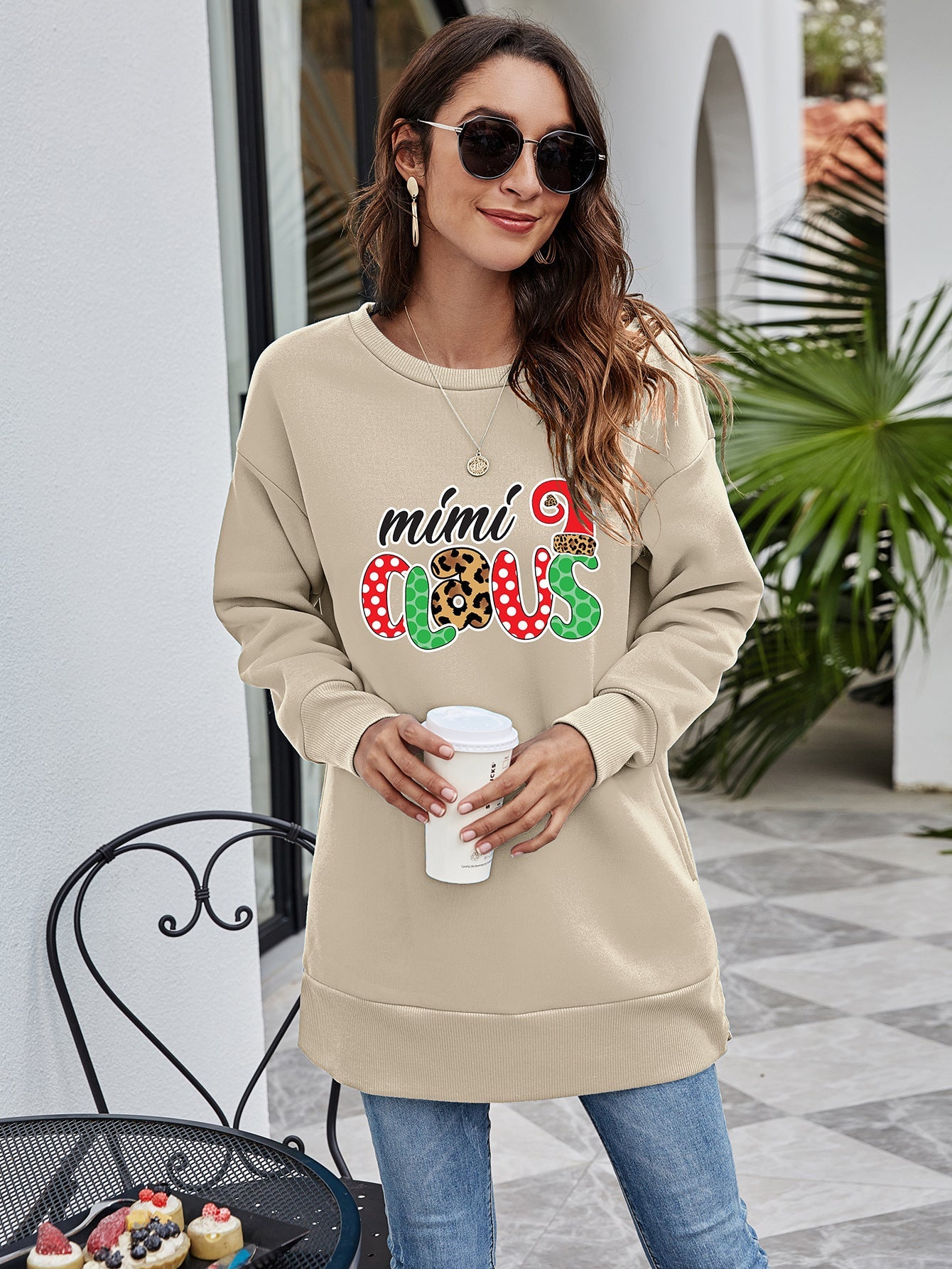 Christmas Round Neck Pocket Long Sleeve Loose Christmas Women Sweater Printed Top