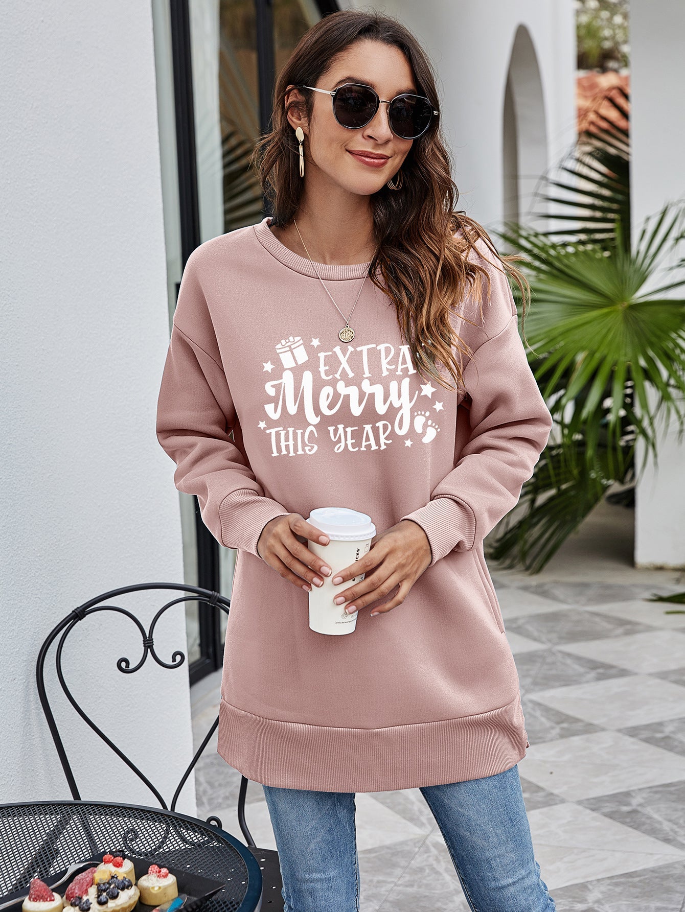 Christmas Round Neck Pocket Long Sleeve Loose Christmas Women Sweater Printed Top