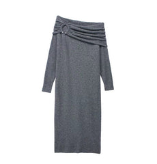 French Laziness Off-Shoulder Long Sleeve Knitted Dress – Women’s Slim Fit Bottoming Dress