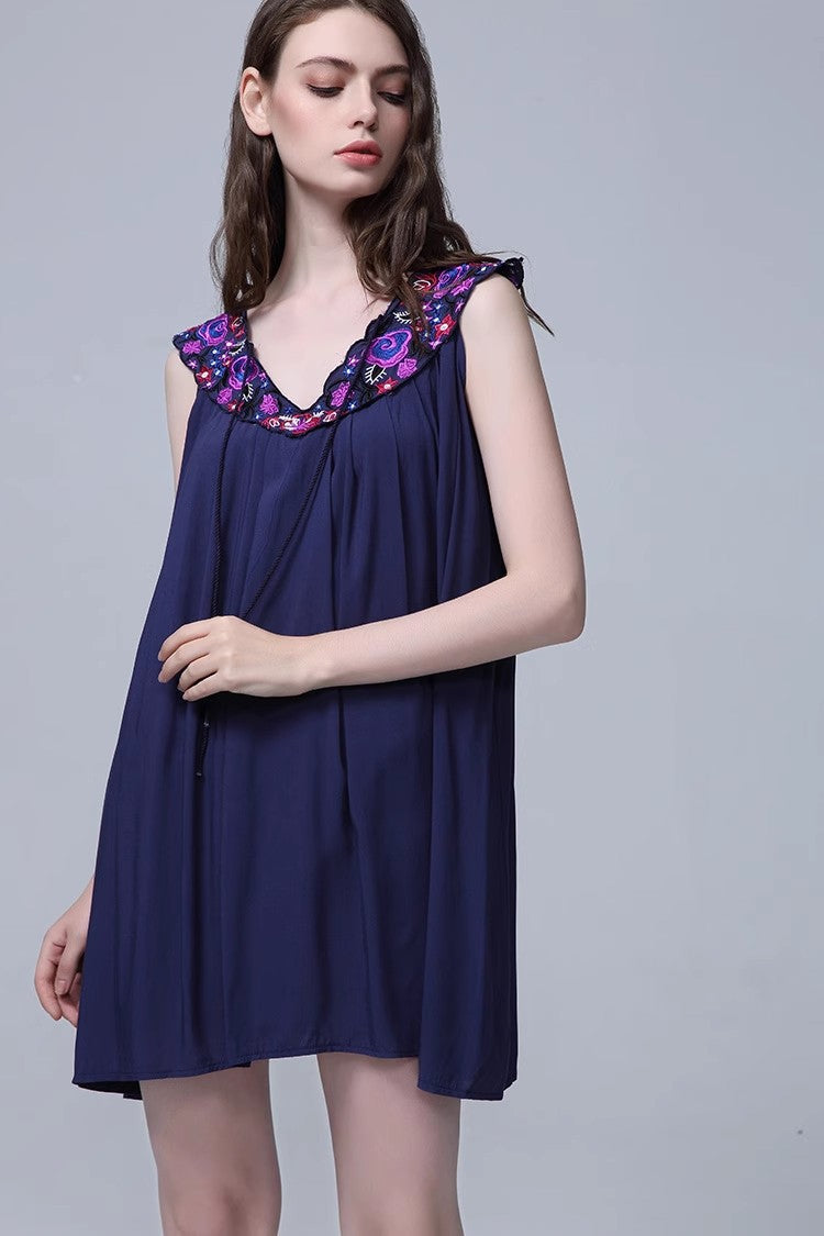 Women’s Summer Embroidery Loose Dress – Floral Sleeveless Boho Mini Sundress