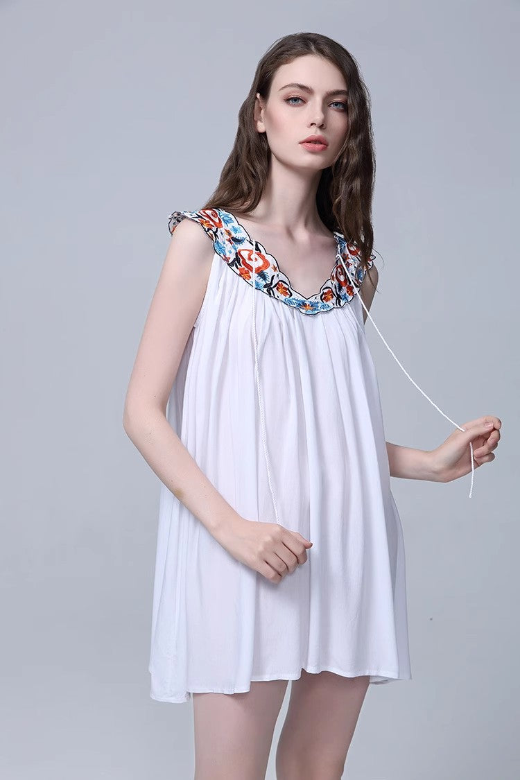 Women’s Summer Embroidery Loose Dress – Floral Sleeveless Boho Mini Sundress