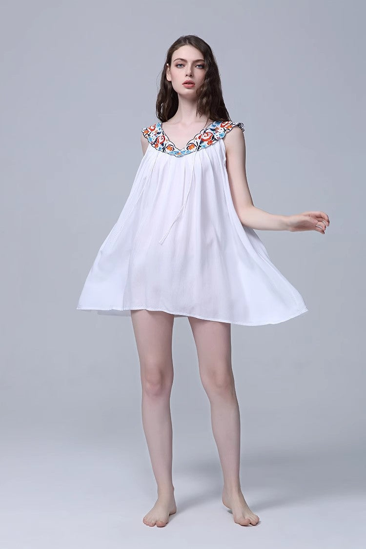 Women’s Summer Embroidery Loose Dress – Floral Sleeveless Boho Mini Sundress