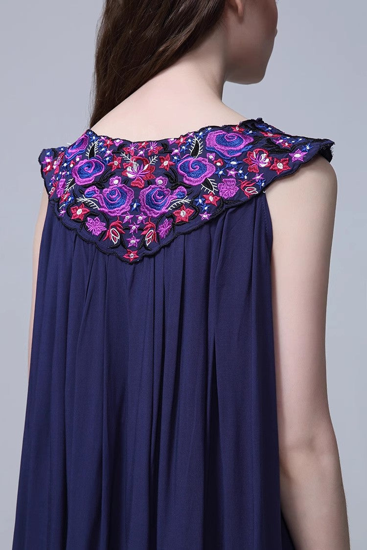 Women’s Summer Embroidery Loose Dress – Floral Sleeveless Boho Mini Sundress