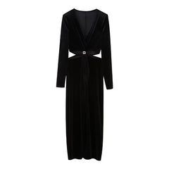 Autumn Winter Women Velvet Midi Dress – Graceful & Sexy Open Design