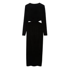 Autumn Winter Women Velvet Midi Dress – Graceful & Sexy Open Design