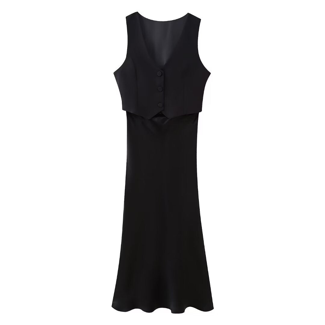 Women’s Silk Satin Sleeveless Vest Dress – All Matching Texture Stitching