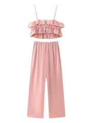 French Slim Satin Ruffled Spaghetti Straps Top Trousers Suit for Women