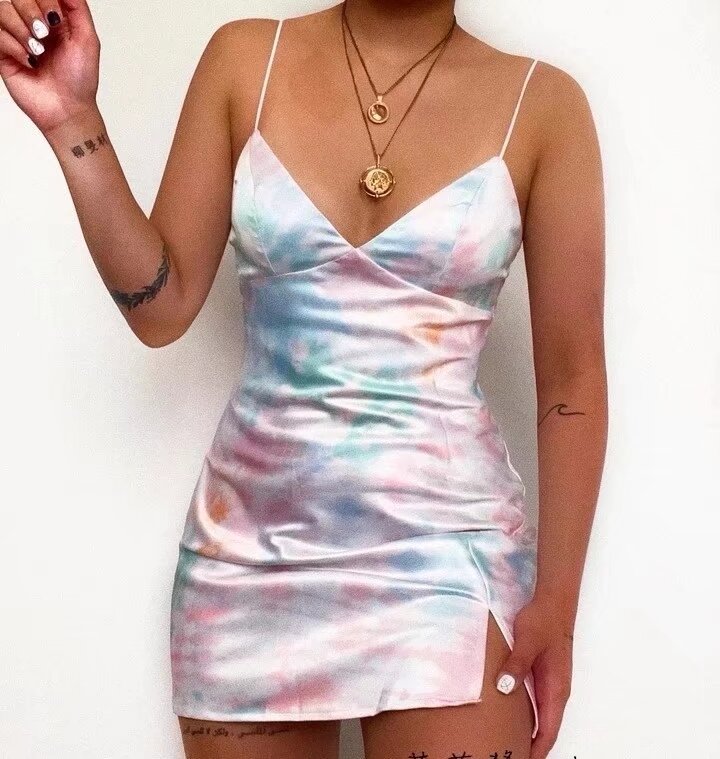 Women’s Sexy Tie Dyed Printing Slip Sheath Dress – Trendy Sleeveless Bodycon Mini Dress