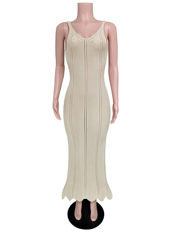 Skinny Sleeveless Backless Hollow See-Through Solid Color Split-Joint Wide Straps Maxi Dresses