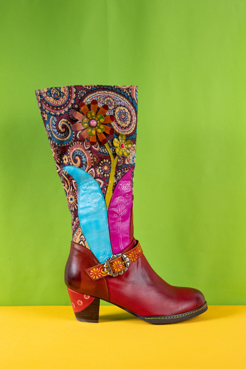 Soffia | Brycen Abstract Swirl Print Floral Applique Leather Boots