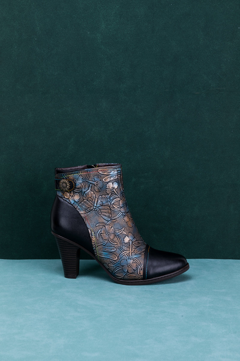 SOFFIA | FLORAL EMBOSSED METALLIC LEATHER ANKLE BOOT - BLACK