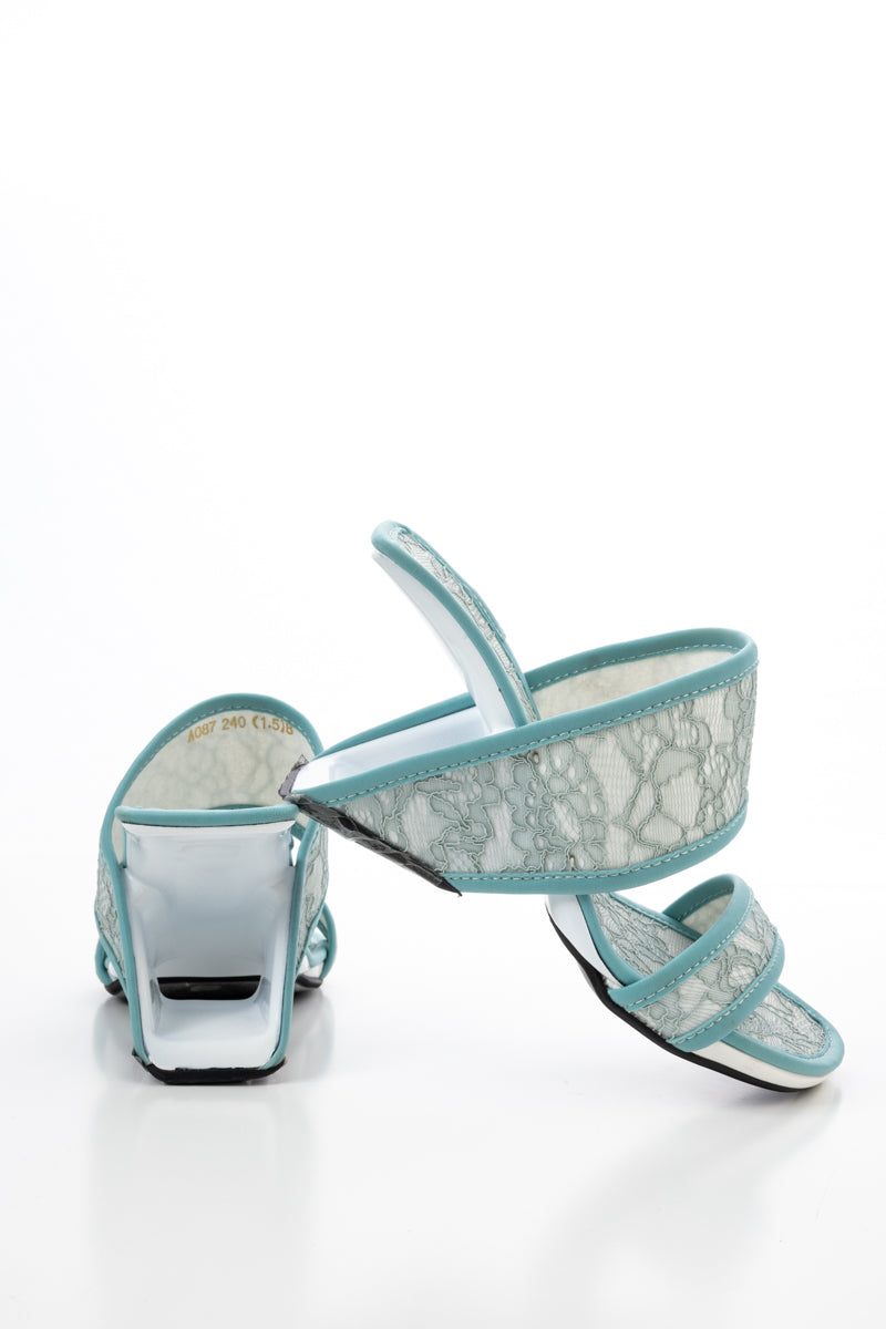 JADY ROSE | CAMELLIA LACE UPPER LEATHER HEELED SANDAL - BLUE