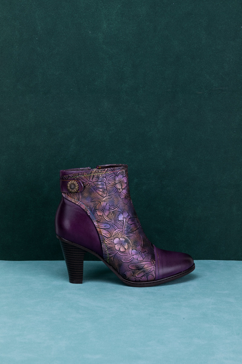 SOFFIA | FLORAL EMBOSSED METALLIC LEATHER ANKLE BOOT - PURPLE