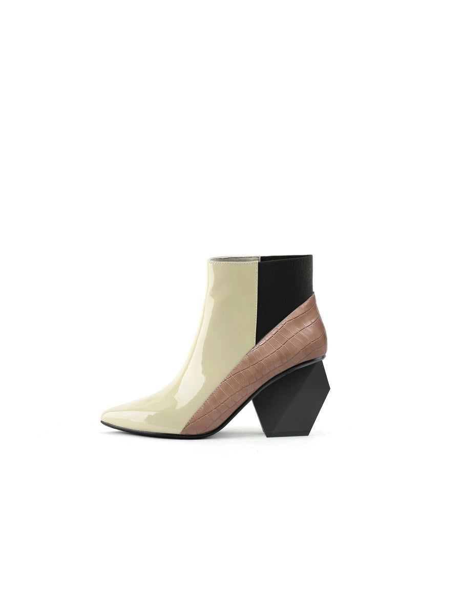 JadyRose | Beige Structural-Heel Croc Patent Leather Ankle Boot