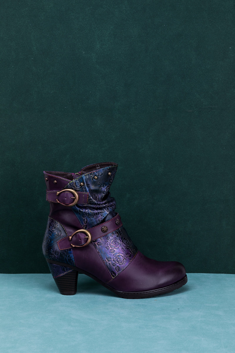 SOFFIA | FLORAL EMBOSSED BUCKLE UP LEATHER BOOTIE - PURPLE