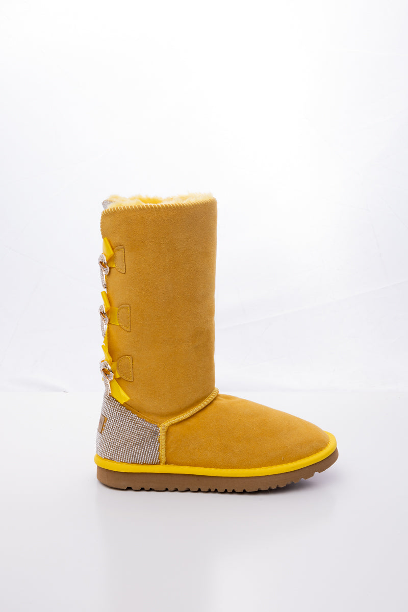 SMAIBULUN Ugg | Rhinestone Ribbon Tri-Tie Bow Suede Boots - Yellow