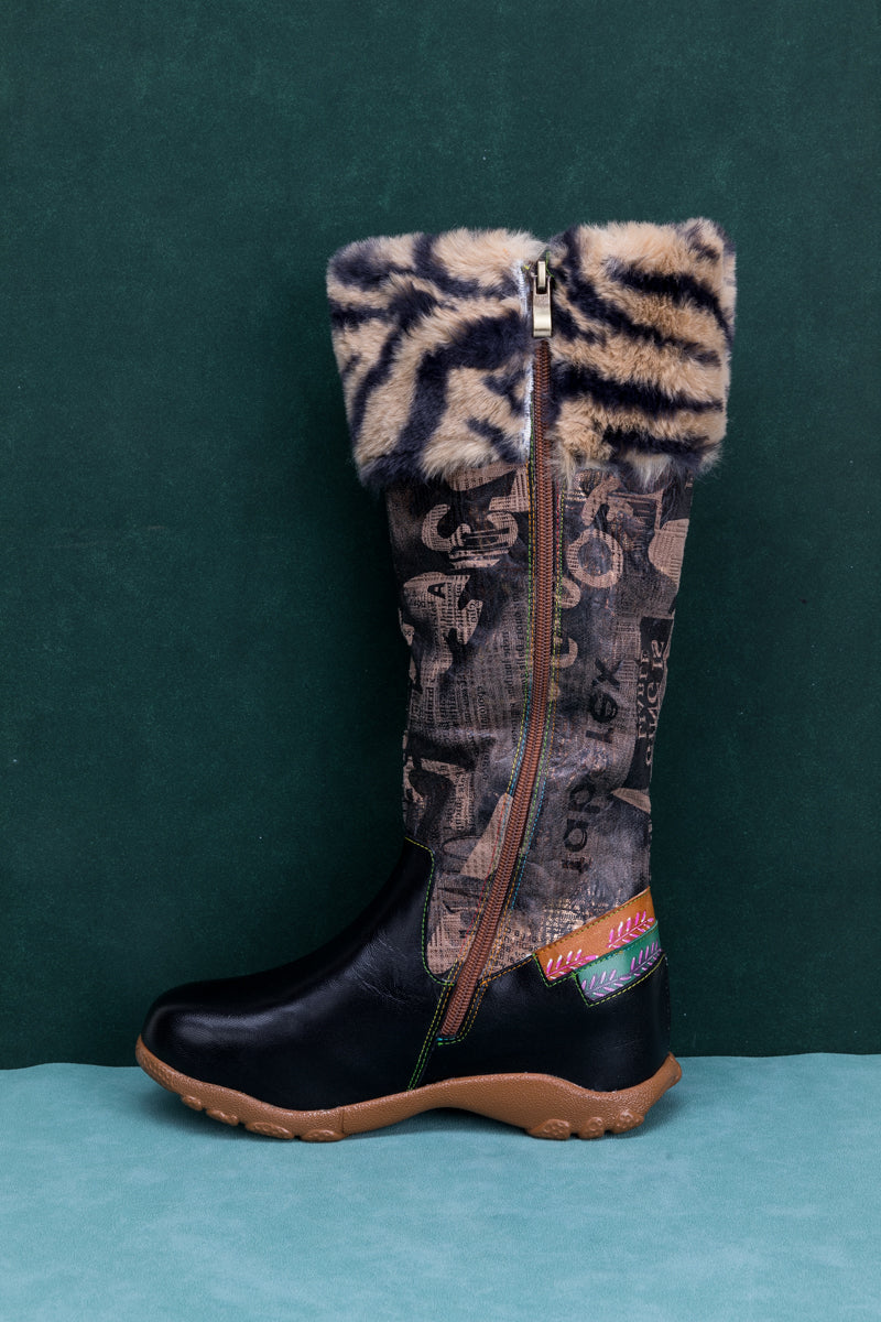 SOFFIA | TIGER PATTERN FUR CIRCUM LEATHER TIE-ACCENT BOOT