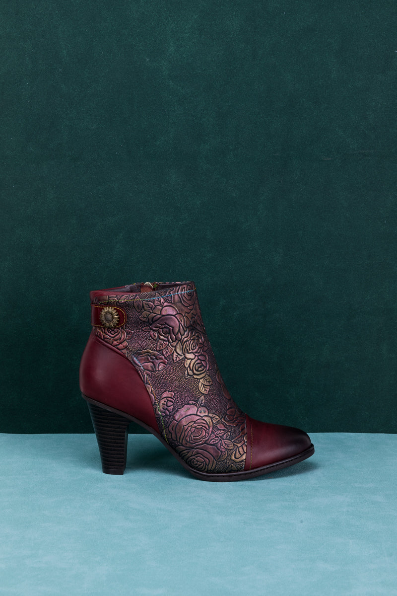 SOFFIA | FLORAL EMBOSSED METALLIC LEATHER ANKLE BOOT - CLARET