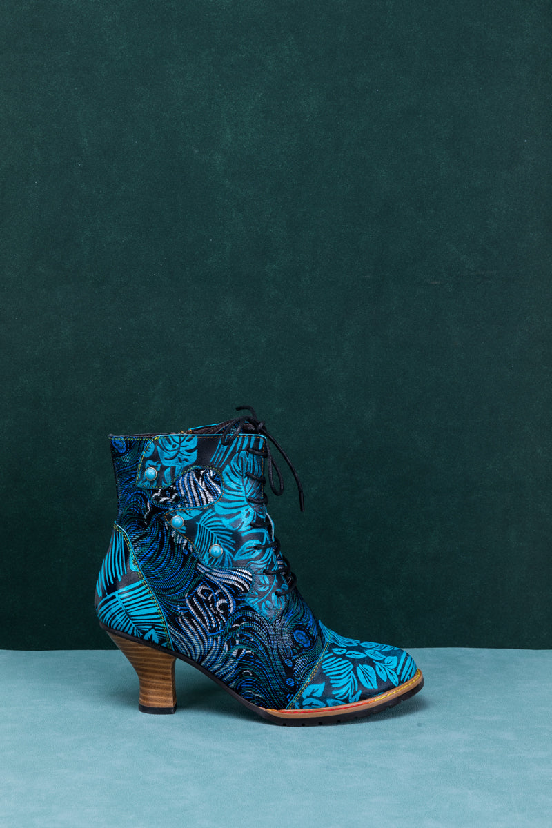 SOFFIA | PALM LEAF PEACOCK FEATHER LEATHER ANKLE BOOT