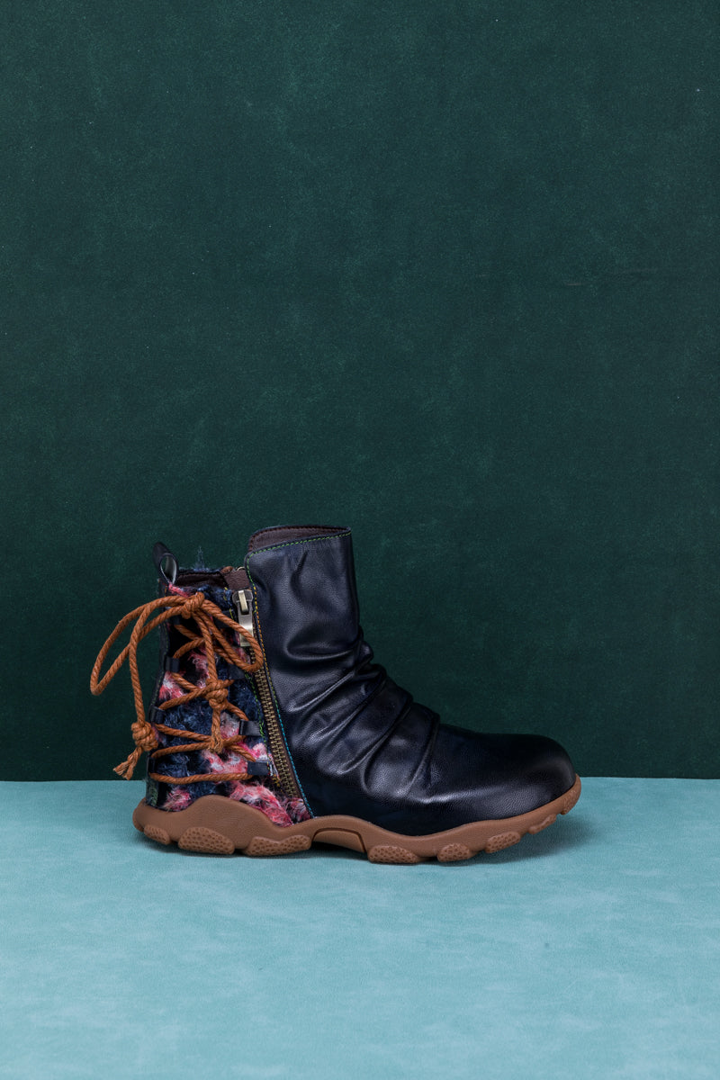 SOFFIA | RUCHED BLACK LEATHER COMBAT BOOT