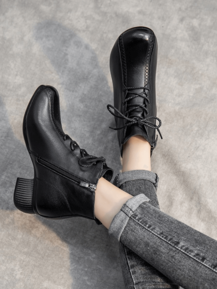 RUMOUR HAS IT | LACE-UP LEATHER ANKLE BOOTS - BLACK