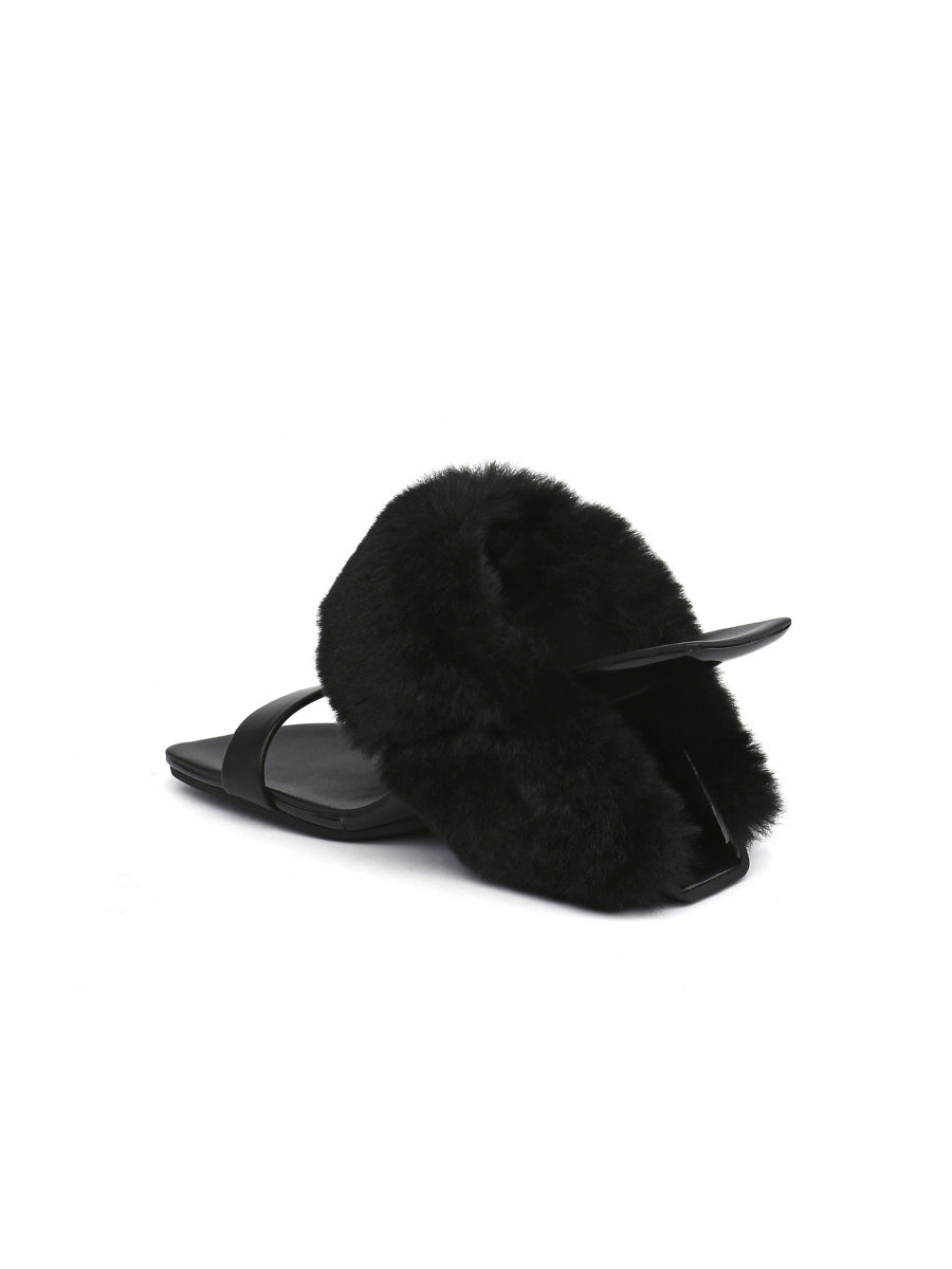 JadyRose | Faux Fur Strap Leather Wedge Sandal - Black