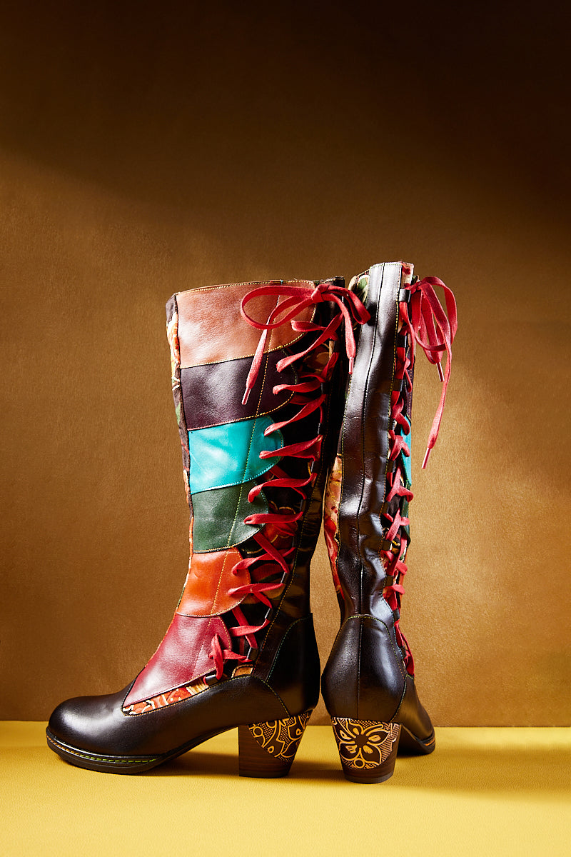 Soffia | Delora Floral Contrast Stripe Wide Calf Leather Knee High Boots