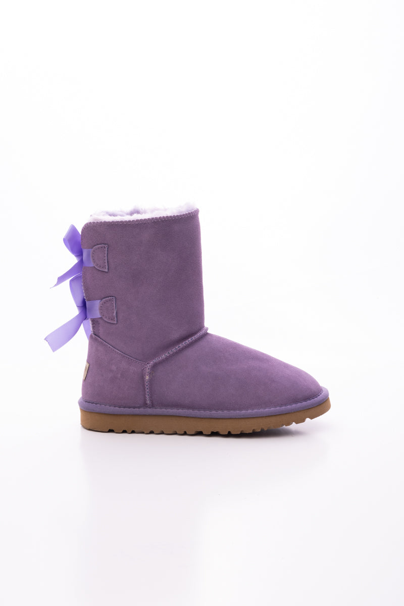 Smaibulun Ugg | Double Ballet Ribbon Bow Suede Shearling Boots - Lavender