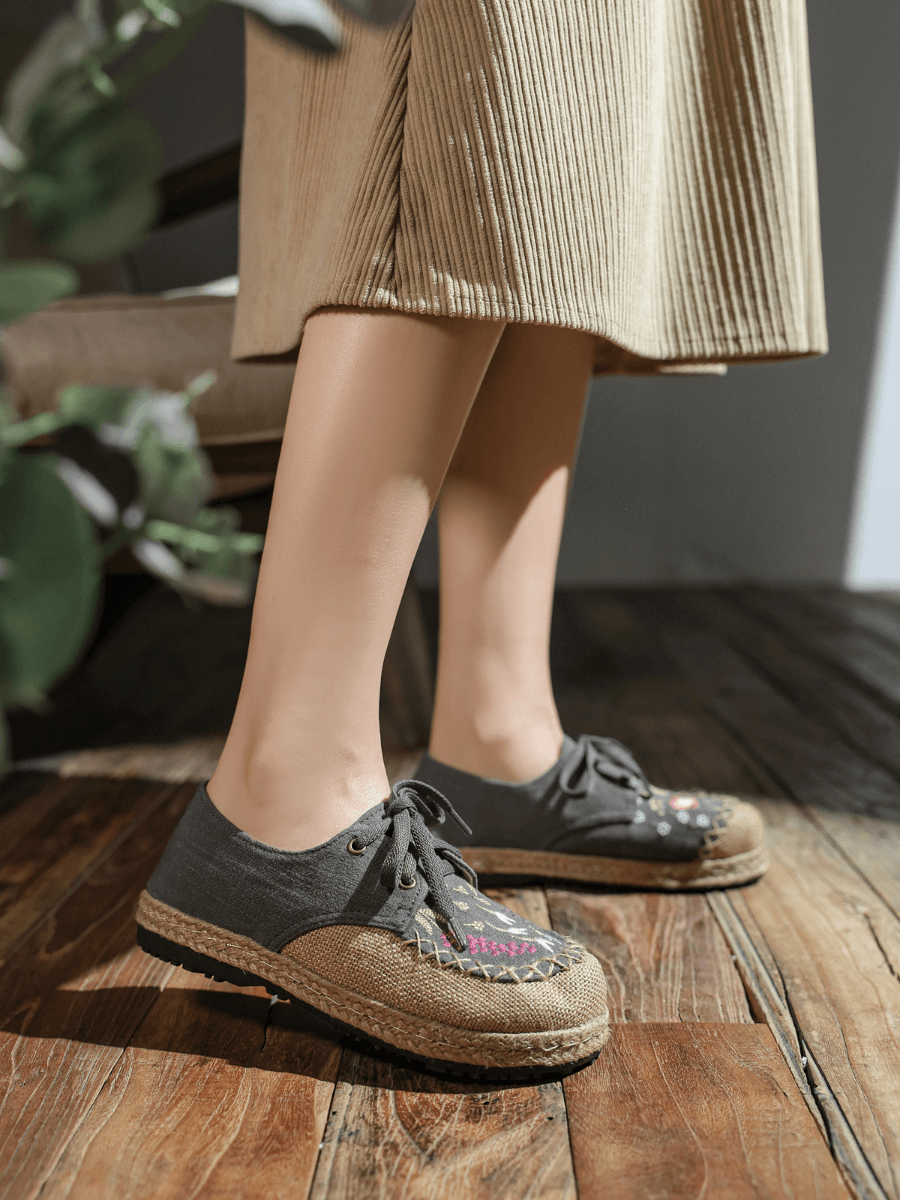 CACTUS ROSE | GARDEN EMBROIDERED LINEN ESPADRILLE SNEAKER - GREY