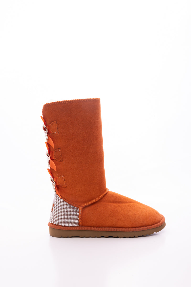 SMAIBULUN Ugg | Rhinestone Ribbon Tri-Tie Bow Suede Boots - Orange