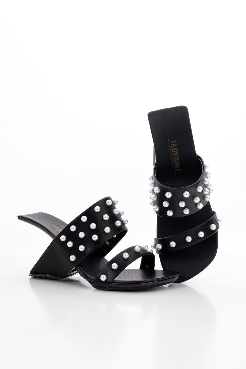 JADY ROSE | VIVIANE PEARL INLAY LEATHER HEELED SANDAL - BLACK