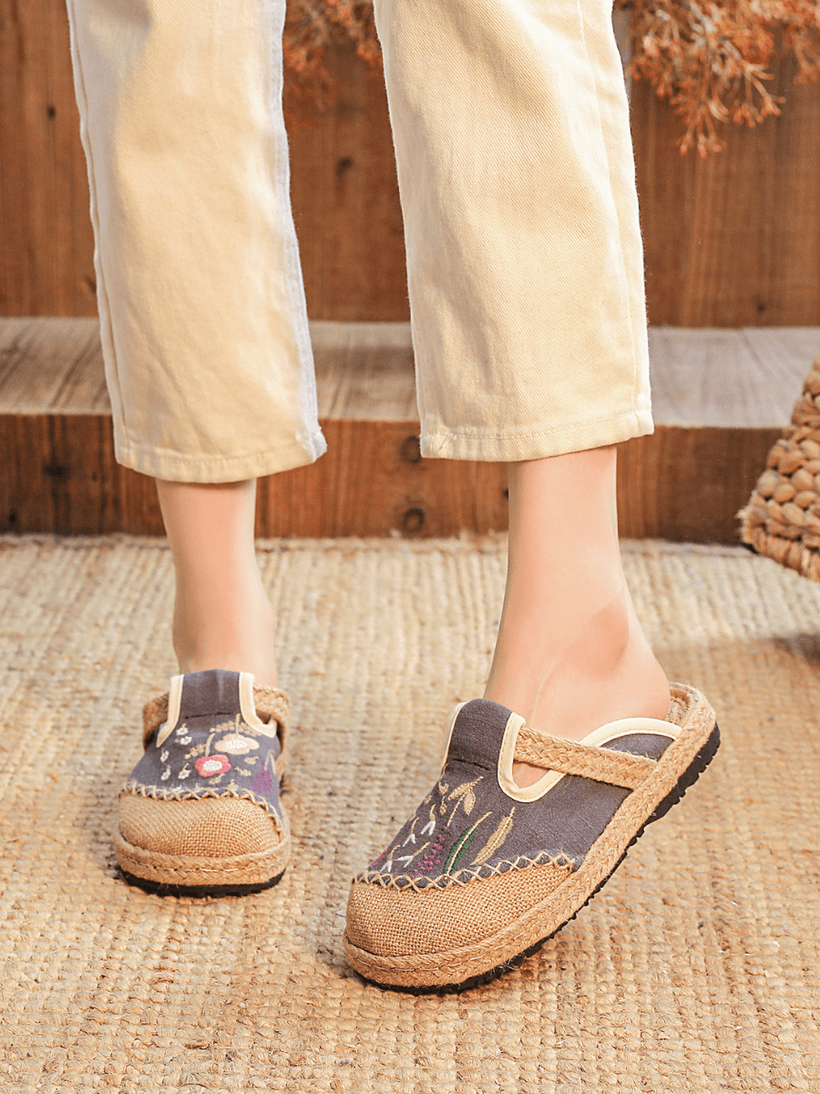 CACTUS ROSE | BLOSSOM WHEAT EMBROIDERED LINEN MULE - GREY