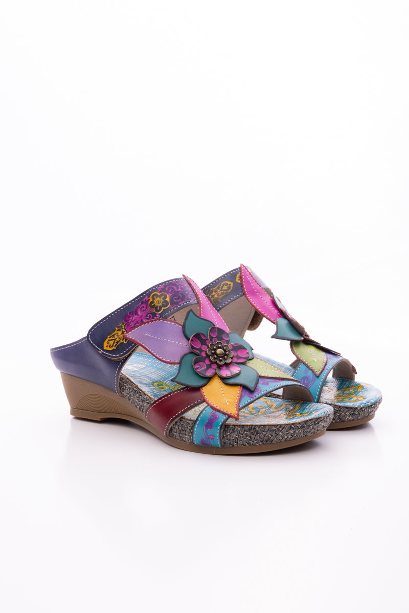 SOFFIA | FLOR DE PARAISO LEATHER WEDGE SANDAL - NAVY