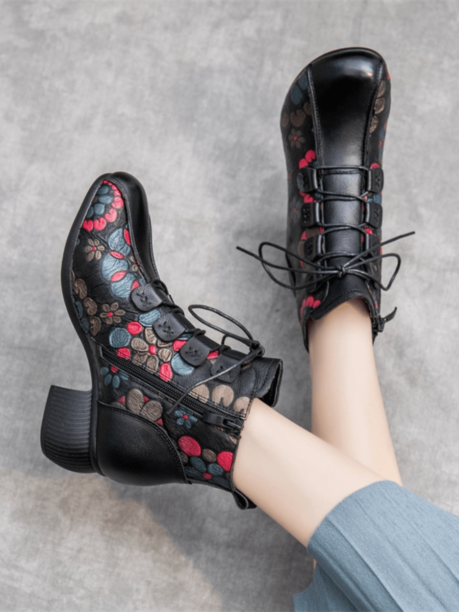 RUMOUR HAS IT | LACE-UP FLORAL EMBOSSED LEATHER BOOT - BLACK