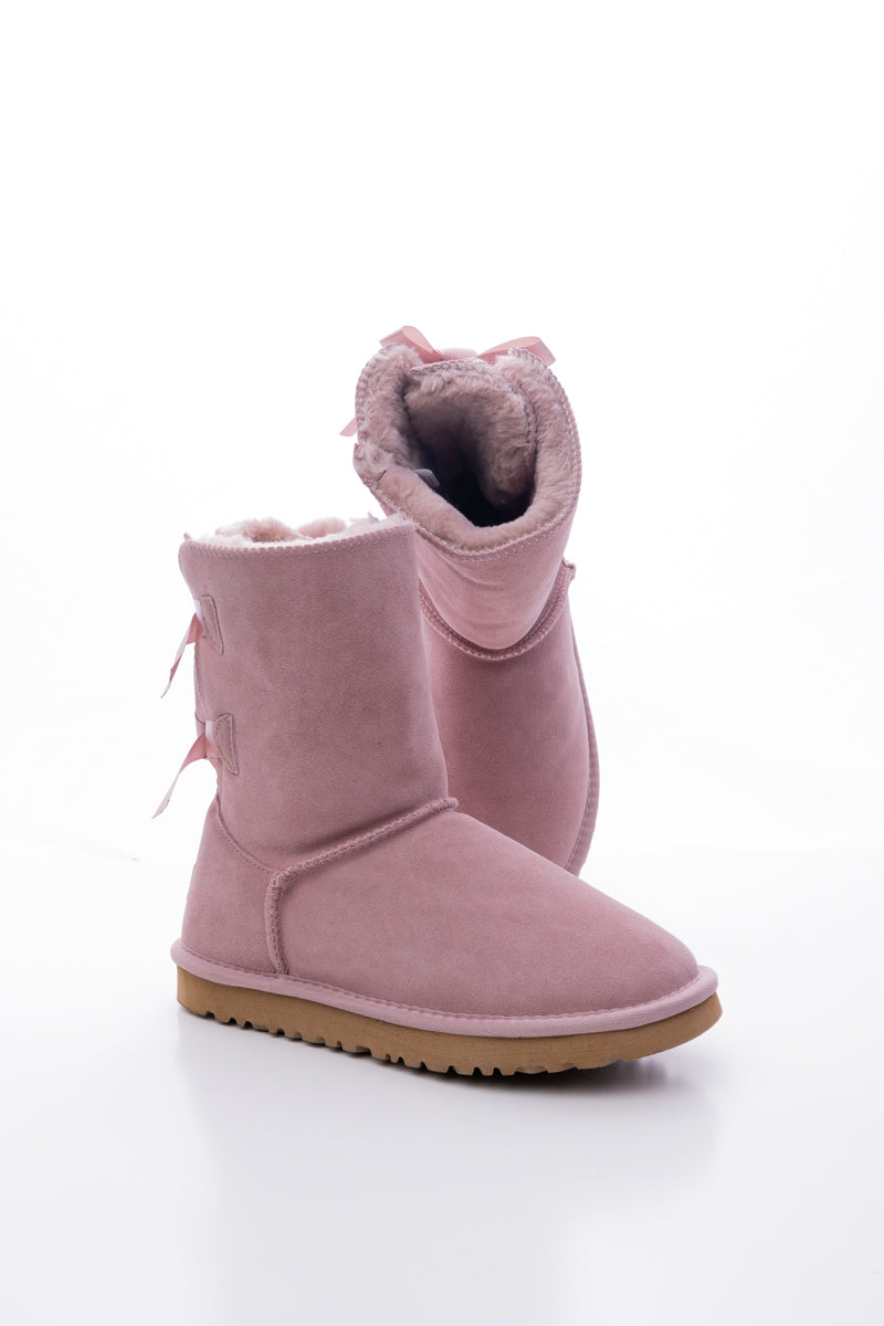 Smaibulun Ugg | Double Ballet Ribbon Bow Suede Shearling Boots - Taro