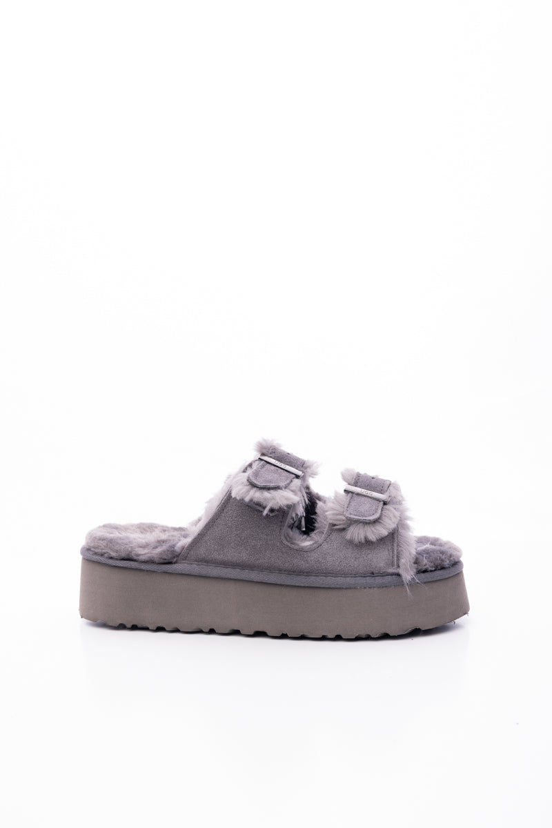 Smaibulun Ugg | Woolen Suede Double Strap Platform Sandal - Grey