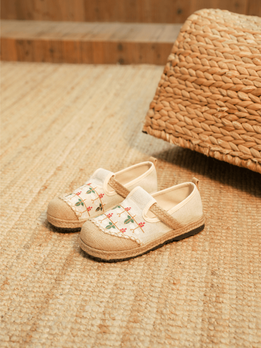 CACTUS ROSE | SWEET GARDEN EMBROIDERED LINEN ESPADRILLE - BEIGE