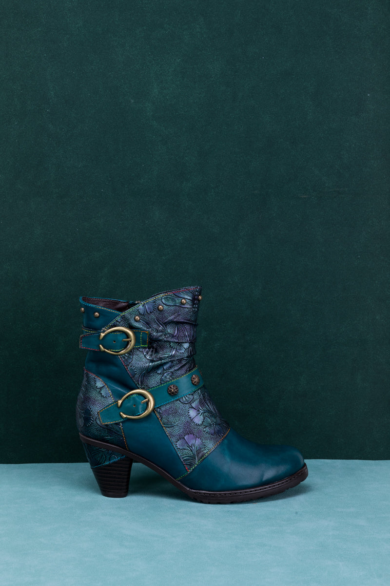 SOFFIA | FLORAL EMBOSSED BUCKLE UP LEATHER BOOTIE - TEAL