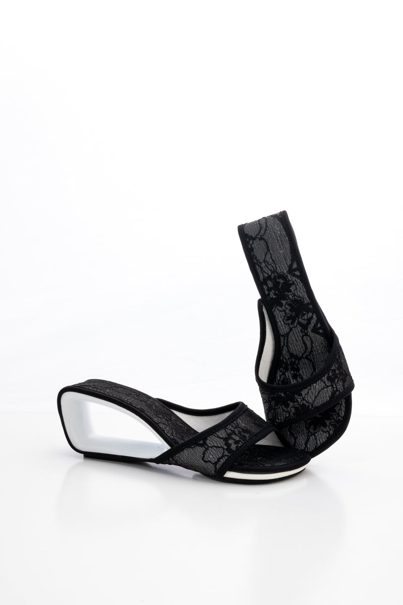 JADY ROSE | DELICATE BALANCE LACE MESH LEATHER SLIDE - BLACK