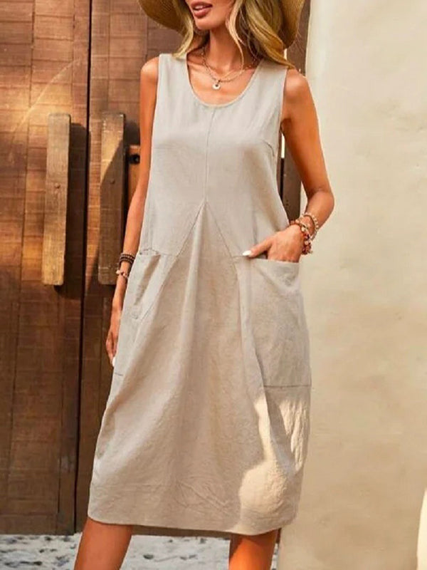 Loose Sleeveless Pleated Solid Color Split-Joint Round-Neck Midi Dresses