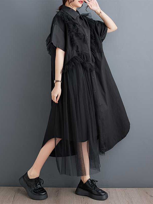 A-Line Half Sleeves Asymmetric Buttoned Ruffled Solid Color Split-Joint Lapel Midi Dresses Shirt Dress