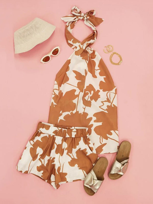 Loose Backless Flower Print Tied Halter-Neck Vest Top + Elasticity Pockets High Waisted Shorts Bottom Two Pieces Set