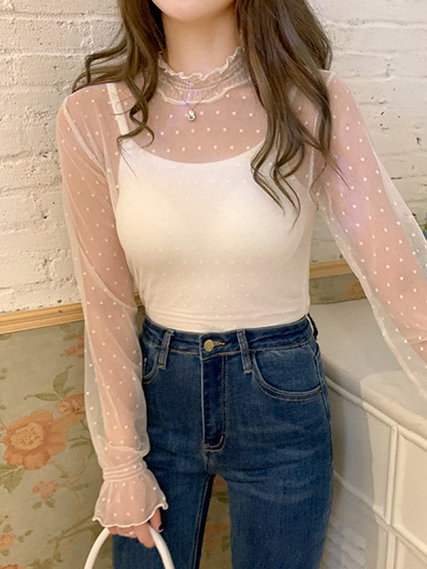 Original Stylish Hollow Mesh Lace High-Neck Long Sleeves T-Shirt Top