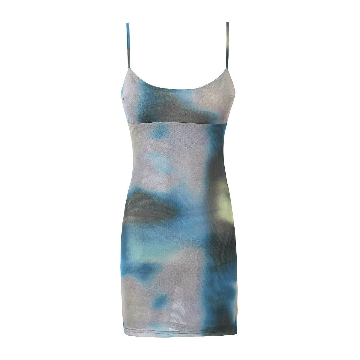 High Elastic Mesh Tie Dyed Printed Dress for Women Retro Slim Fit Sexy Backless Side Slit Hip Dress