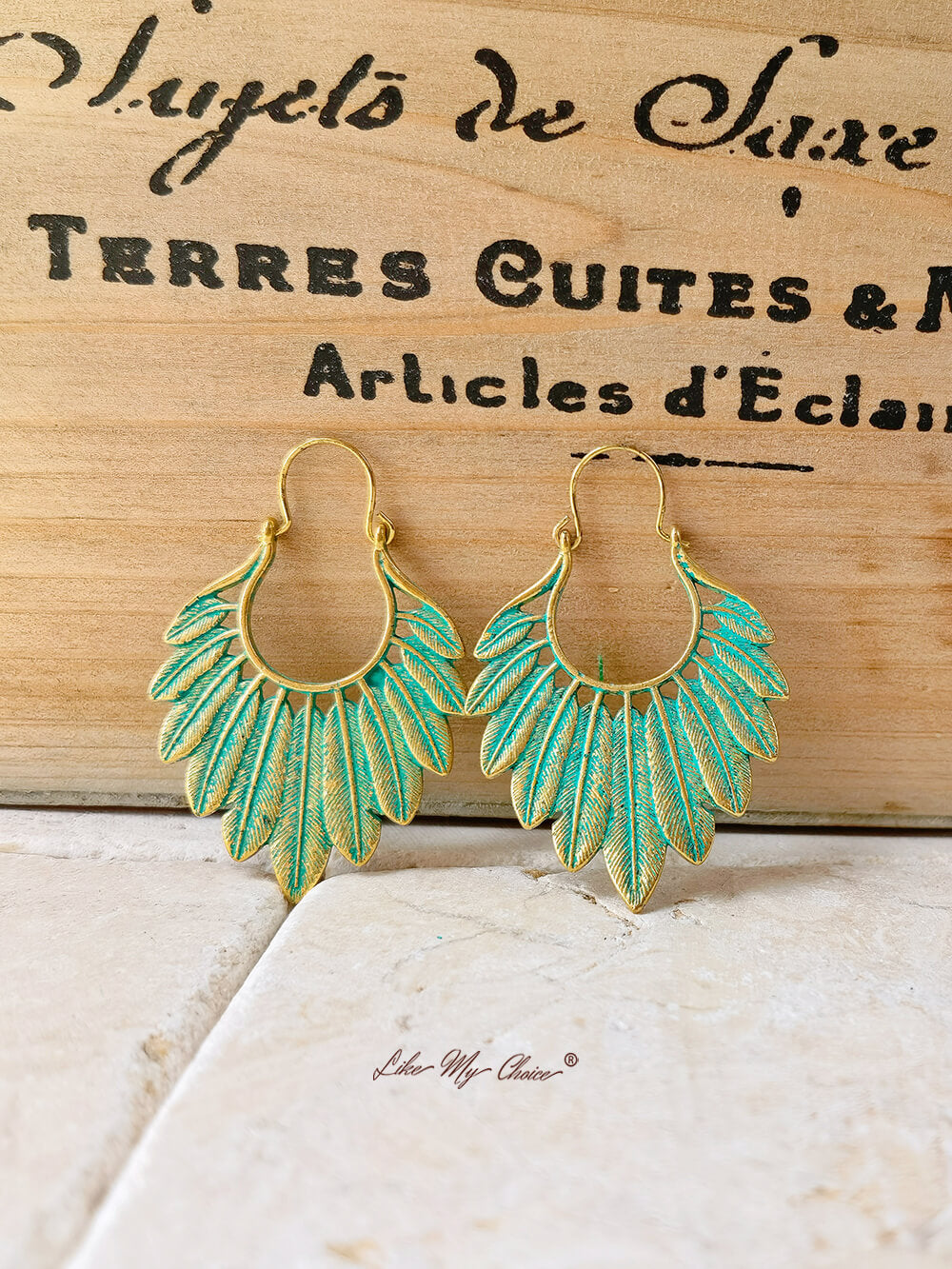 Bohemian Turquoise Gold Feather Earrings