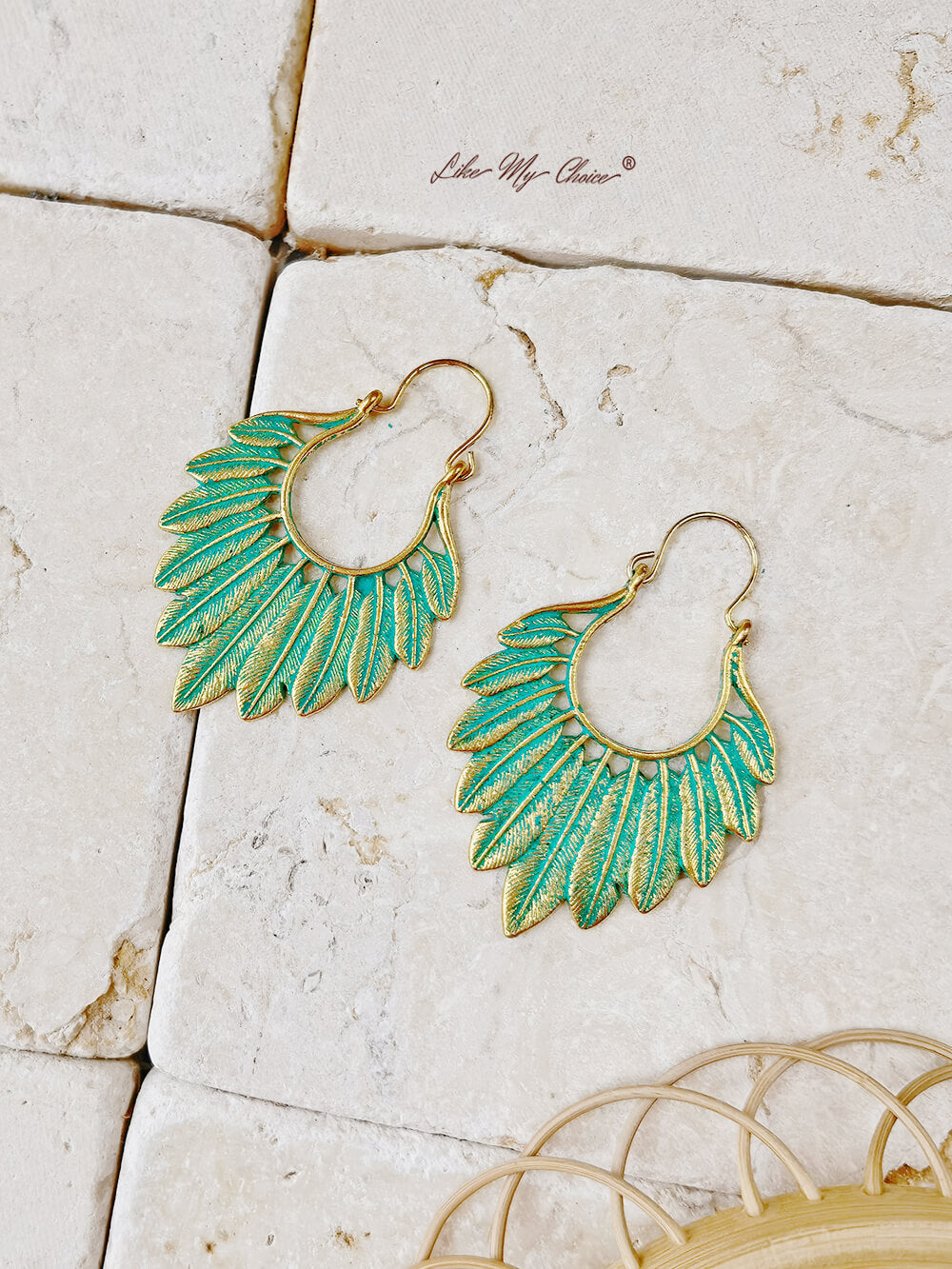 Bohemian Turquoise Gold Feather Earrings